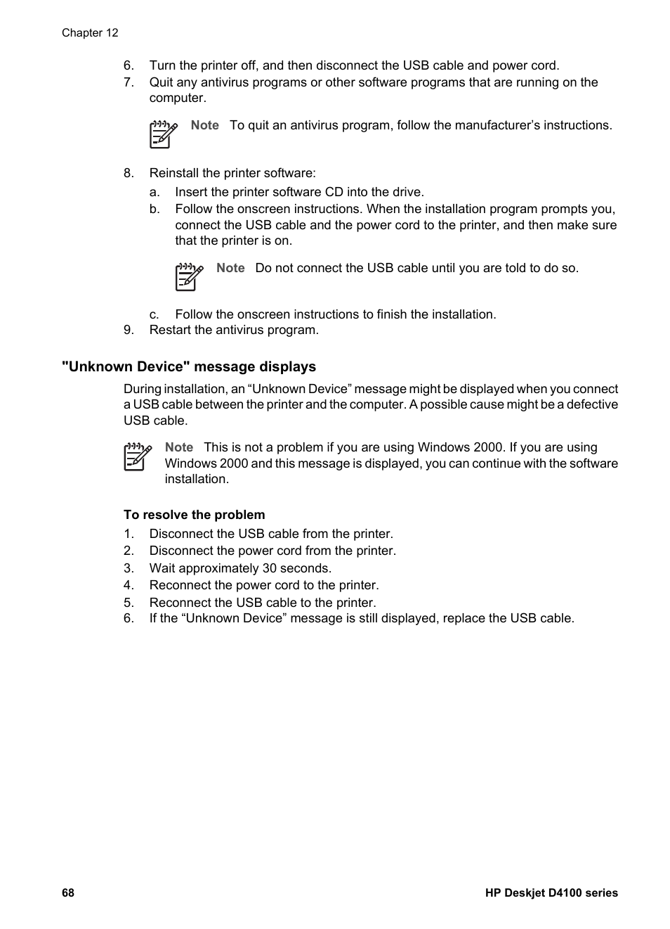 Unknown device" message displays | HP Deskjet D4160 Printer User Manual | Page 70 / 102