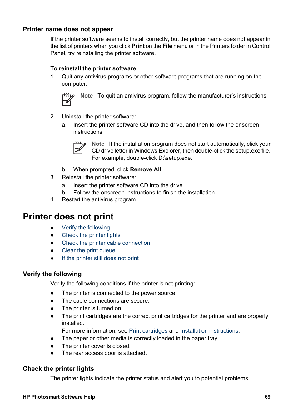 Printer name does not appear, Printer does not print, Verify the following | Check the printer lights | HP Deskjet D4160 Printer User Manual | Page 71 / 102