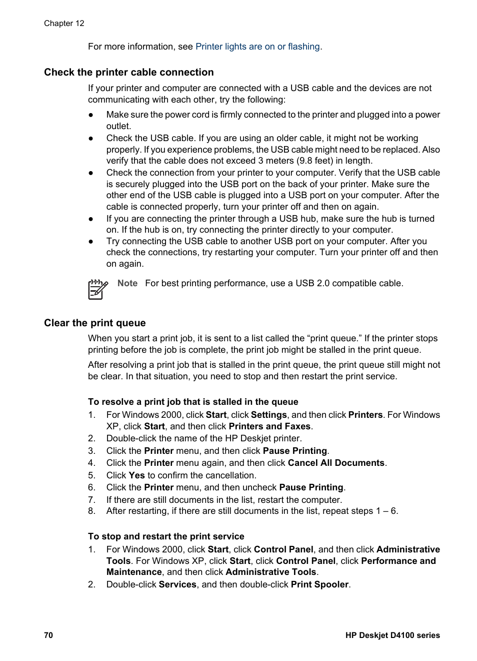 Check the printer cable connection, Clear the print queue | HP Deskjet D4160 Printer User Manual | Page 72 / 102