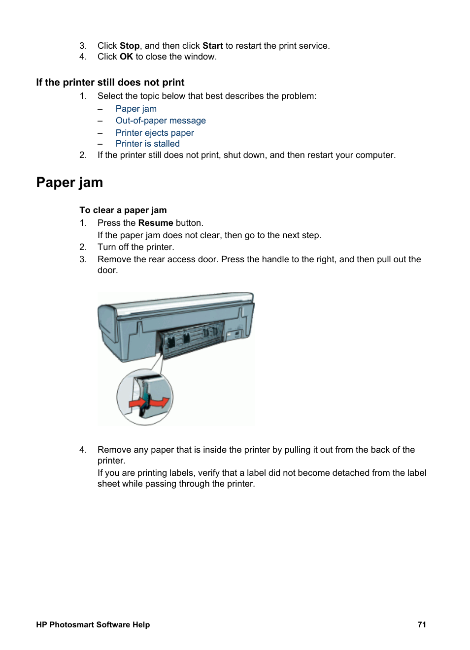 If the printer still does not print, Paper jam | HP Deskjet D4160 Printer User Manual | Page 73 / 102