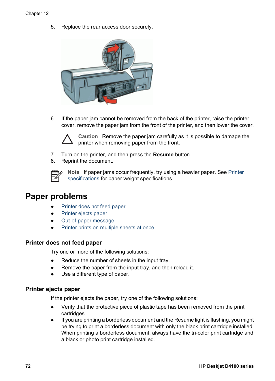 Paper problems, Printer does not feed paper, Printer ejects paper | HP Deskjet D4160 Printer User Manual | Page 74 / 102