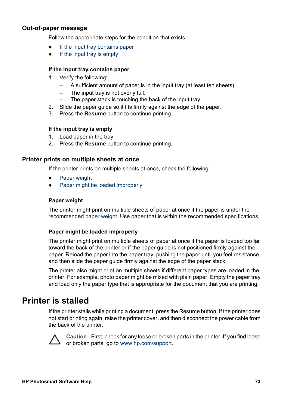 Out-of-paper message, Printer prints on multiple sheets at once, Printer is stalled | HP Deskjet D4160 Printer User Manual | Page 75 / 102