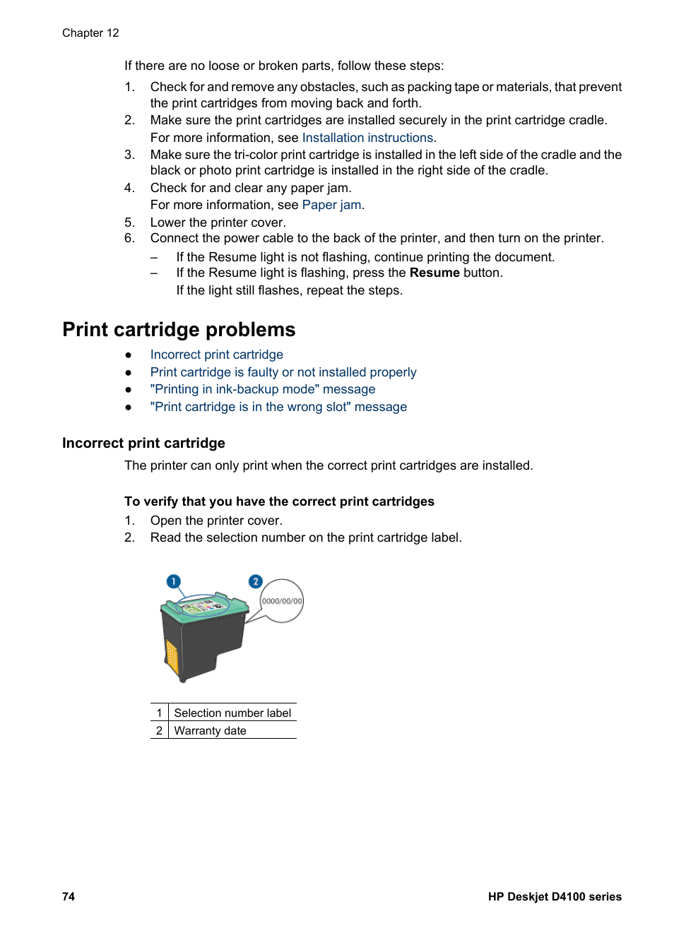 Print cartridge problems, Incorrect print cartridge | HP Deskjet D4160 Printer User Manual | Page 76 / 102