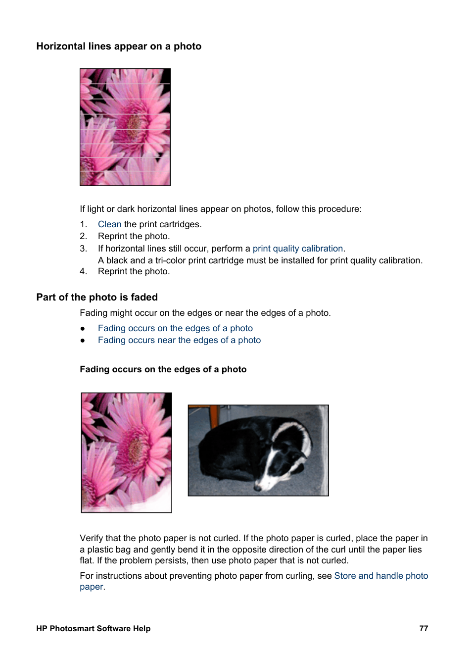 Horizontal lines appear on a photo, Part of the photo is faded, Fading occurs on the edges of a photo | Fading occurs near the edges of a photo | HP Deskjet D4160 Printer User Manual | Page 79 / 102