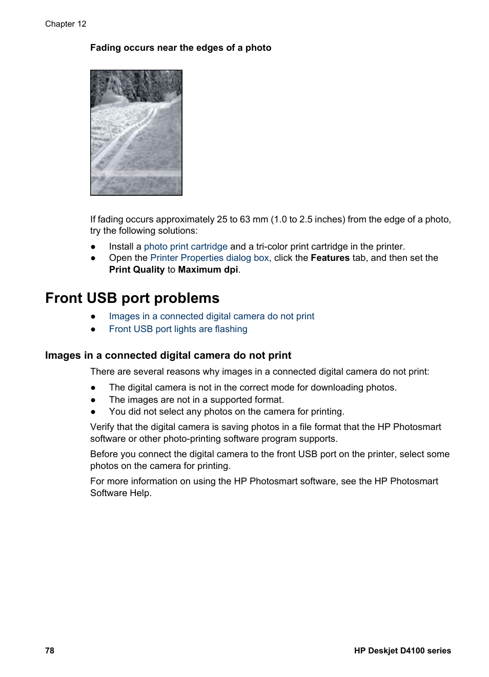 Front usb port problems, Images in a connected digital camera do not print | HP Deskjet D4160 Printer User Manual | Page 80 / 102
