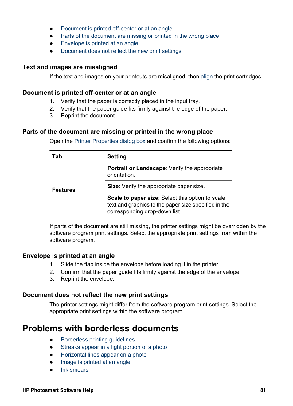 Text and images are misaligned, Document is printed off-center or at an angle, Envelope is printed at an angle | Document does not reflect the new print settings, Problems with borderless documents | HP Deskjet D4160 Printer User Manual | Page 83 / 102