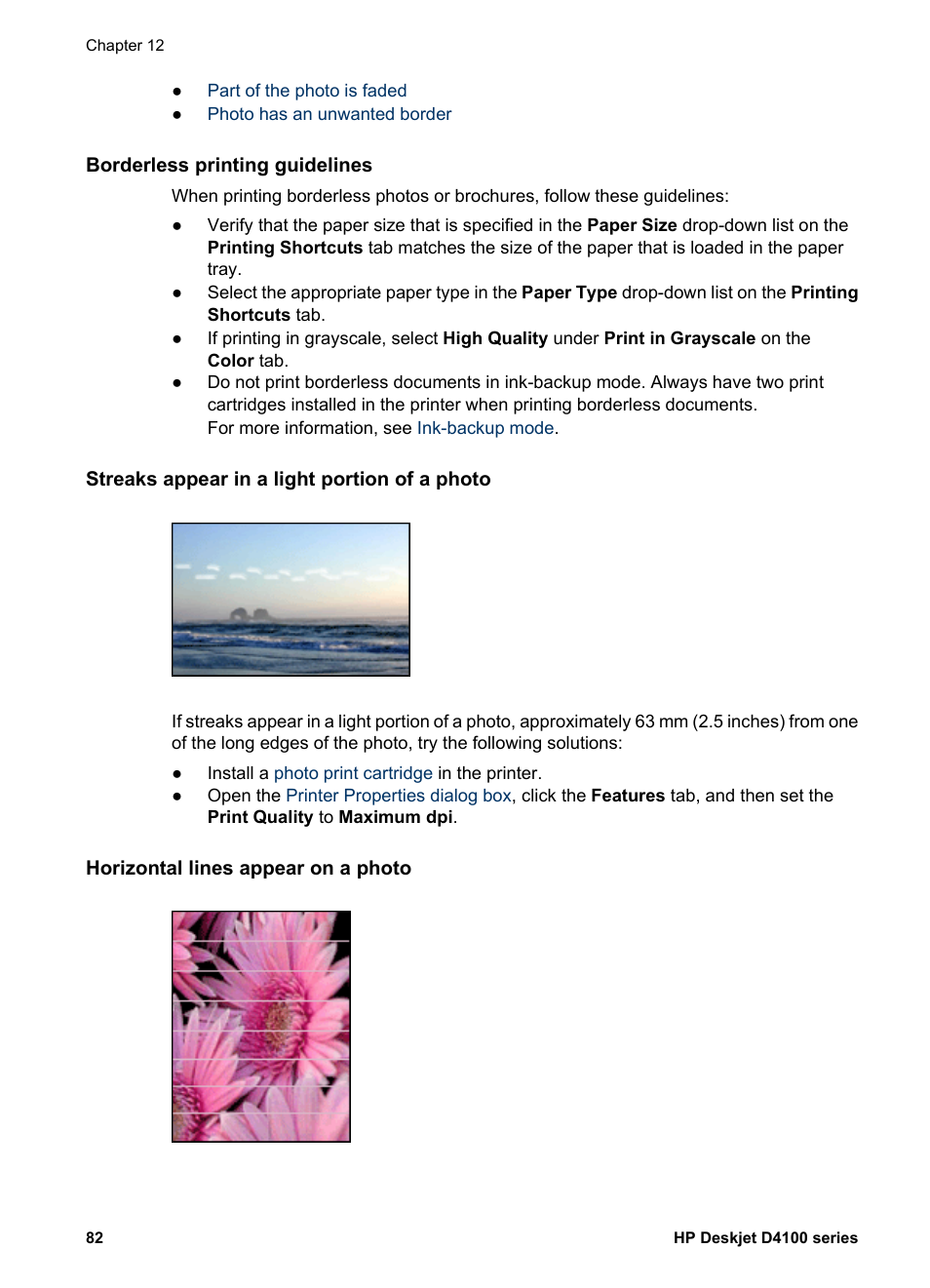 Borderless printing guidelines, Streaks appear in a light portion of a photo, Horizontal lines appear on a photo | HP Deskjet D4160 Printer User Manual | Page 84 / 102