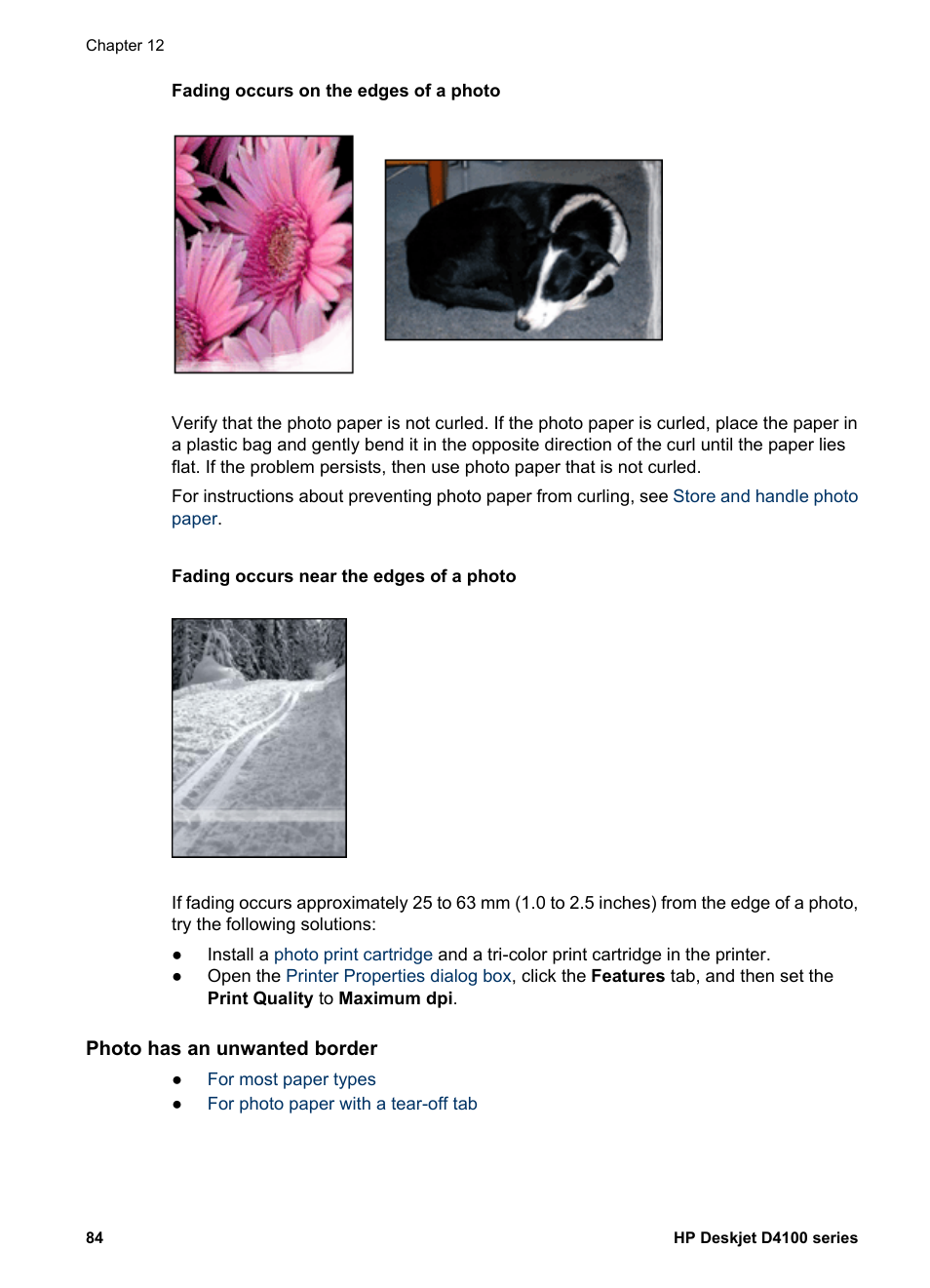 Fading occurs near the edges of a photo, Photo has an unwanted border, For most paper types | HP Deskjet D4160 Printer User Manual | Page 86 / 102