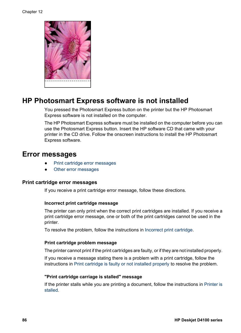 Hp photosmart express software is not installed, Error messages, Print cartridge error messages | HP Deskjet D4160 Printer User Manual | Page 88 / 102