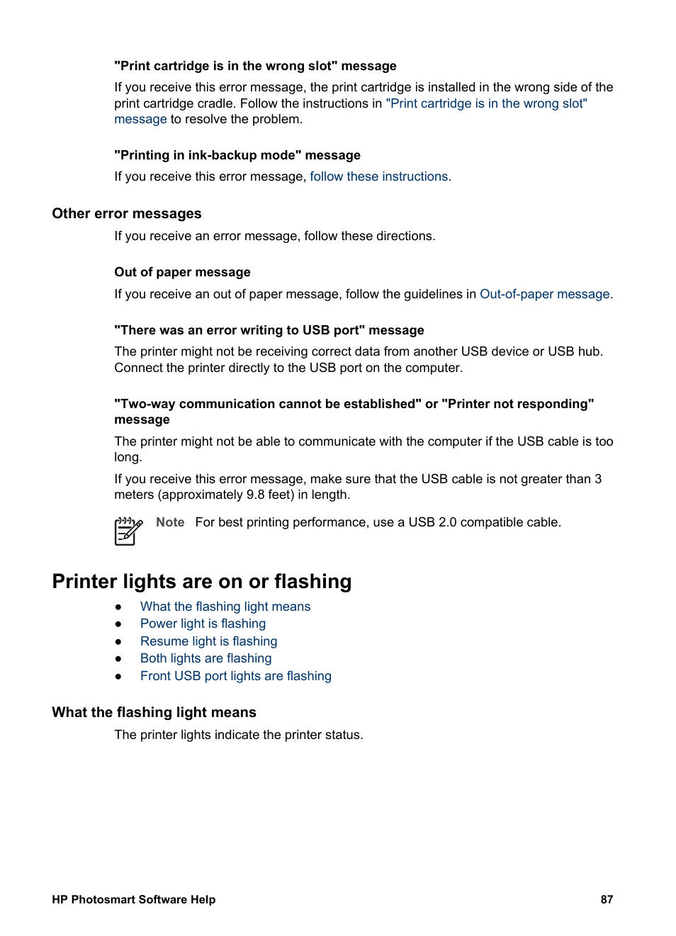 Other error messages, Printer lights are on or flashing, What the flashing light means | HP Deskjet D4160 Printer User Manual | Page 89 / 102