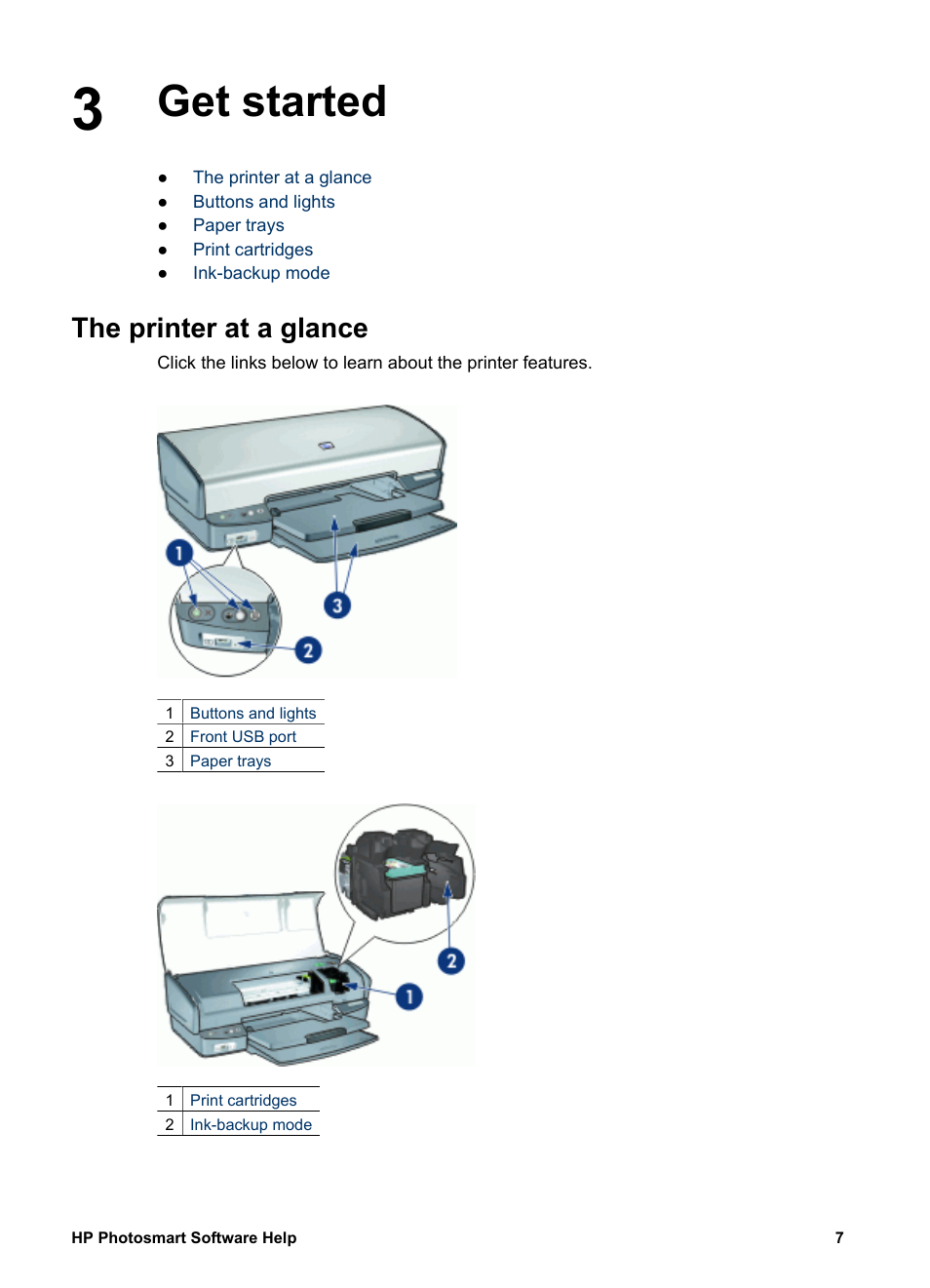 Get started, The printer at a glance, Get started the printer at a glance | HP Deskjet D4160 Printer User Manual | Page 9 / 102