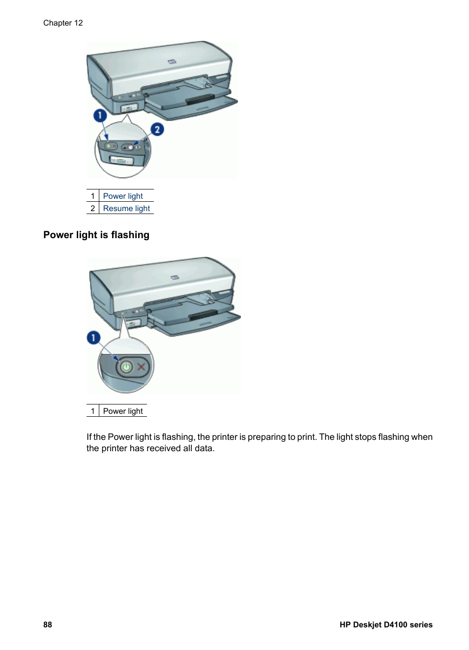 Power light is flashing | HP Deskjet D4160 Printer User Manual | Page 90 / 102