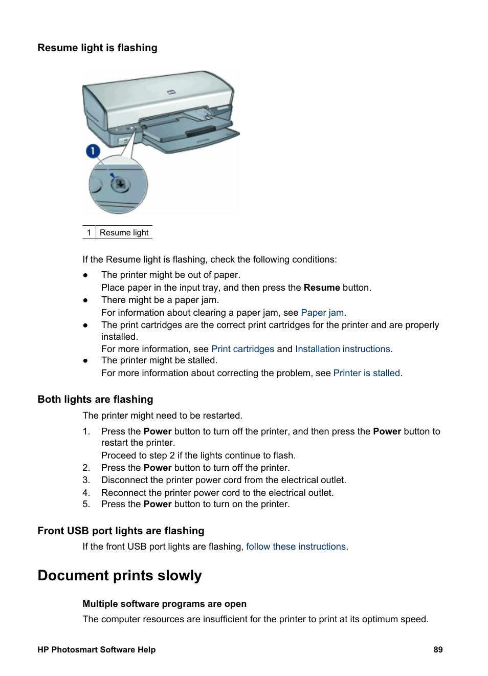 Resume light is flashing, Both lights are flashing, Front usb port lights are flashing | Document prints slowly | HP Deskjet D4160 Printer User Manual | Page 91 / 102
