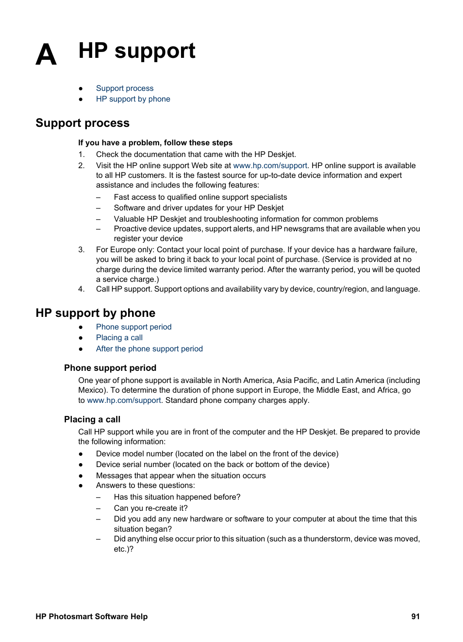 Hp support, Support process, Hp support by phone | Phone support period, Placing a call, Hp support support process hp support by phone | HP Deskjet D4160 Printer User Manual | Page 93 / 102
