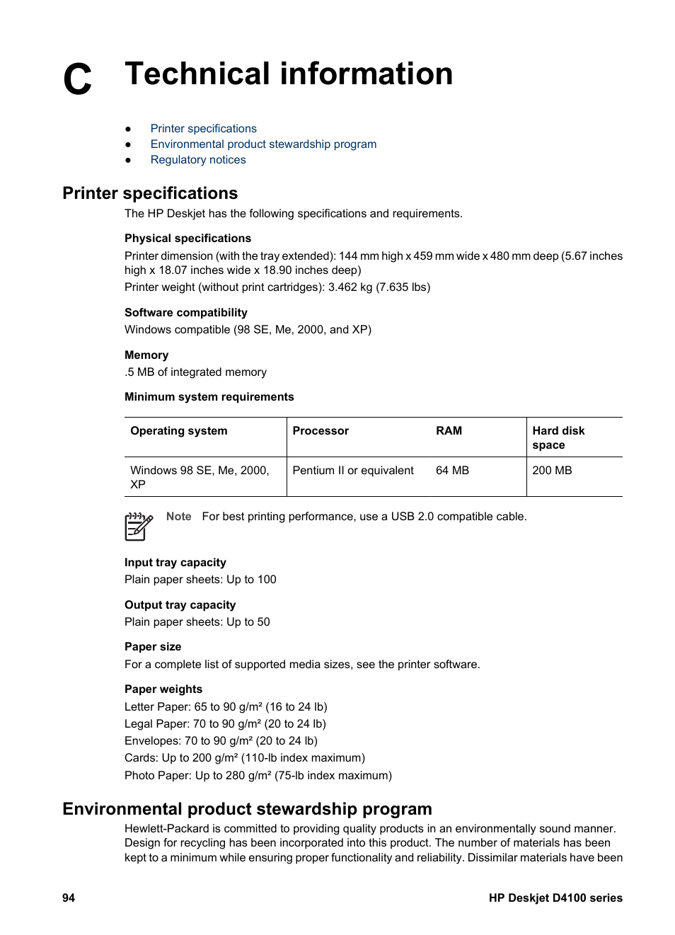 Technical information, Printer specifications, Environmental product stewardship program | Specifications, Printer, Paper weight | HP Deskjet D4160 Printer User Manual | Page 96 / 102