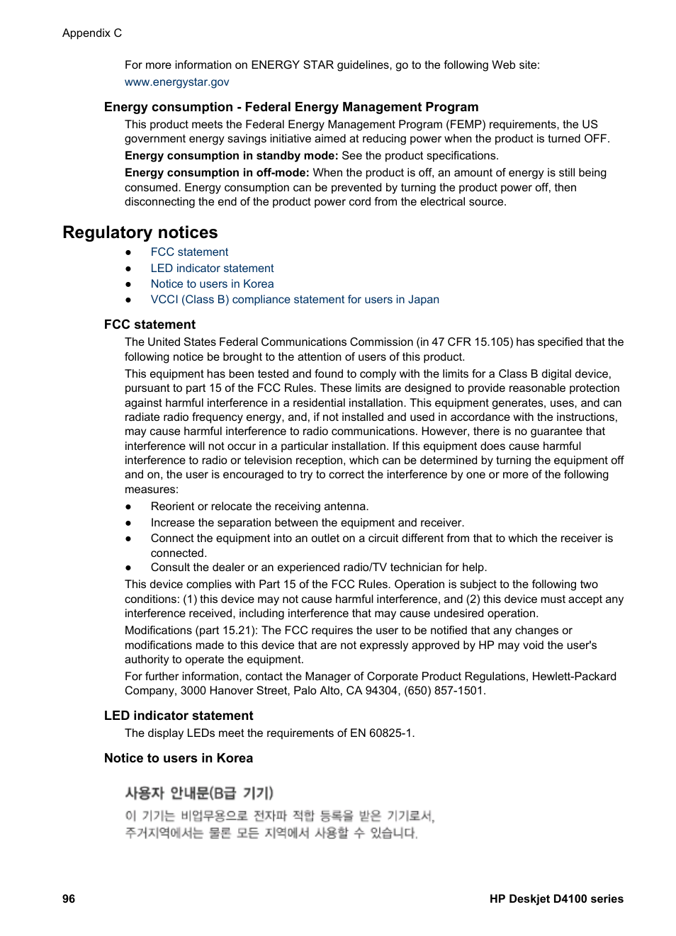 Regulatory notices, Fcc statement, Led indicator statement | Notice to users in korea | HP Deskjet D4160 Printer User Manual | Page 98 / 102