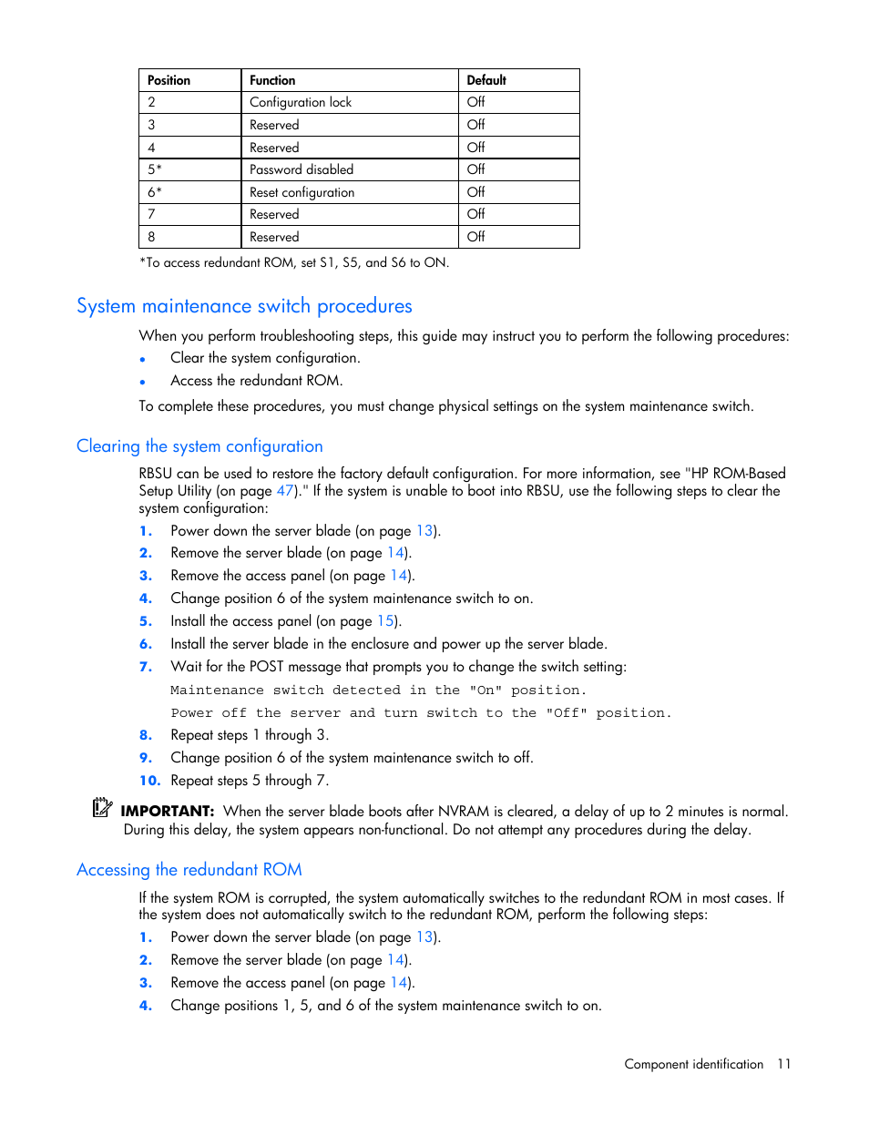 System maintenance switch procedures, Clearing the system configuration, Accessing the redundant rom | HP ProLiant BL685c Server-Blade User Manual | Page 11 / 93