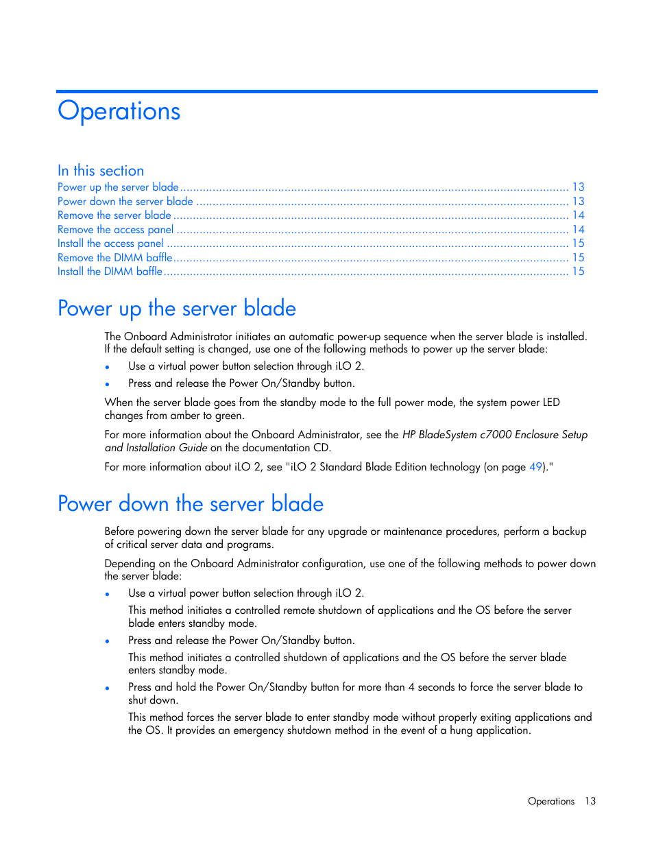 Operations, Power up the server blade, Power down the server blade | HP ProLiant BL685c Server-Blade User Manual | Page 13 / 93