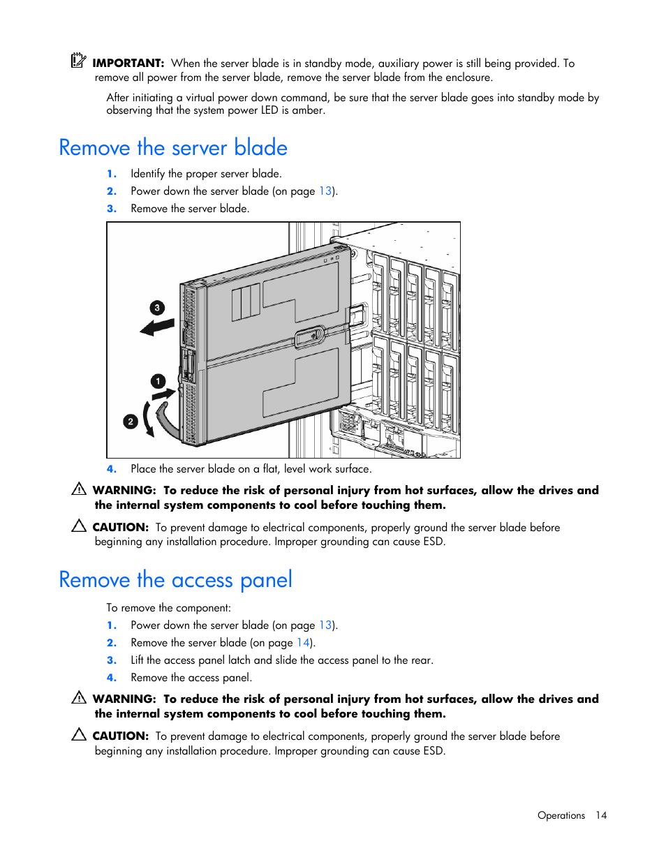 Remove the server blade, Remove the access panel | HP ProLiant BL685c Server-Blade User Manual | Page 14 / 93