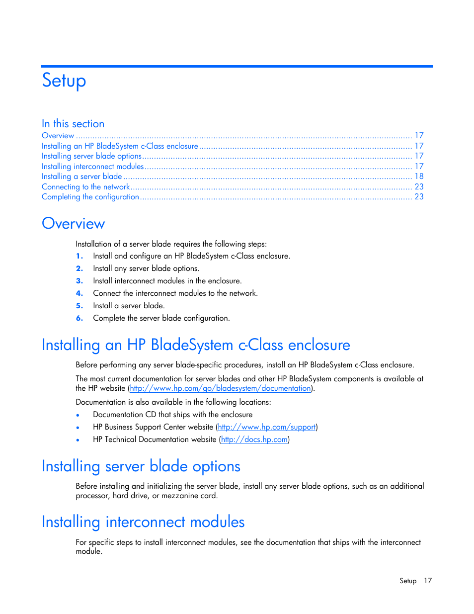 Setup, Overview, Installing an hp bladesystem c-class enclosure | Installing server blade options, Installing interconnect modules | HP ProLiant BL685c Server-Blade User Manual | Page 17 / 93