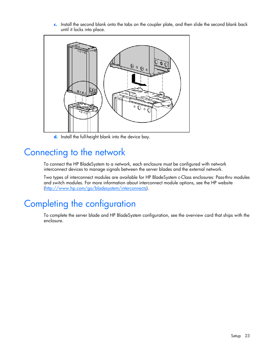 Connecting to the network, Completing the configuration, 23 completing the configuration | HP ProLiant BL685c Server-Blade User Manual | Page 23 / 93