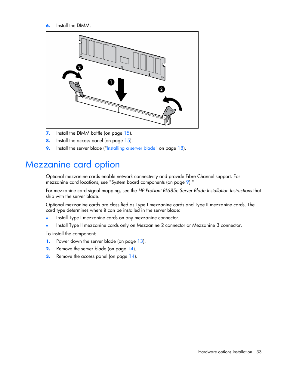 Mezzanine card option | HP ProLiant BL685c Server-Blade User Manual | Page 33 / 93