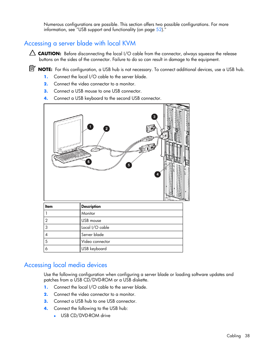 Accessing a server blade with local kvm, Accessing local media devices | HP ProLiant BL685c Server-Blade User Manual | Page 38 / 93