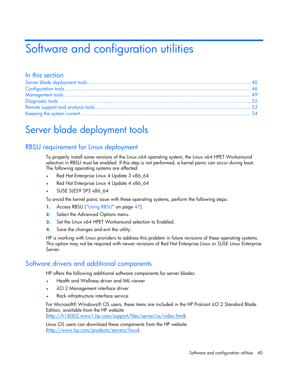 Software and configuration utilities, Server blade deployment tools, Rbsu requirement for linux deployment | Software drivers and additional components | HP ProLiant BL685c Server-Blade User Manual | Page 40 / 93