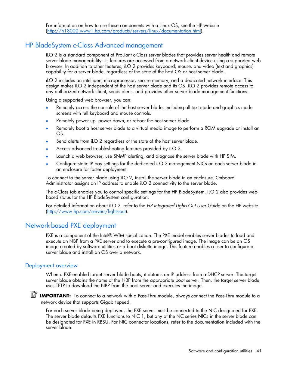 Hp bladesystem c-class advanced management, Network-based pxe deployment, Deployment overview | HP ProLiant BL685c Server-Blade User Manual | Page 41 / 93