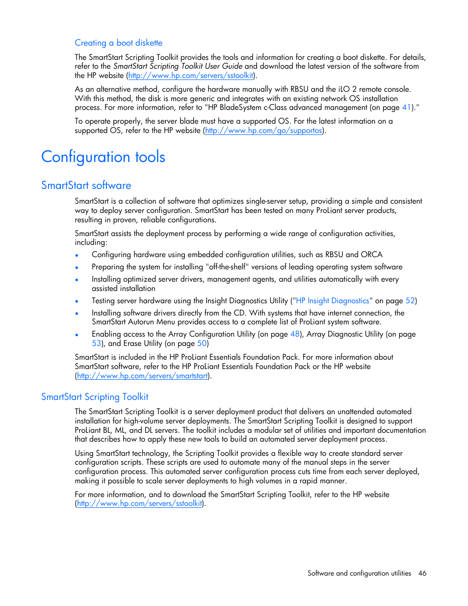 Configuration tools, Smartstart software, Smartstart scripting toolkit | HP ProLiant BL685c Server-Blade User Manual | Page 46 / 93