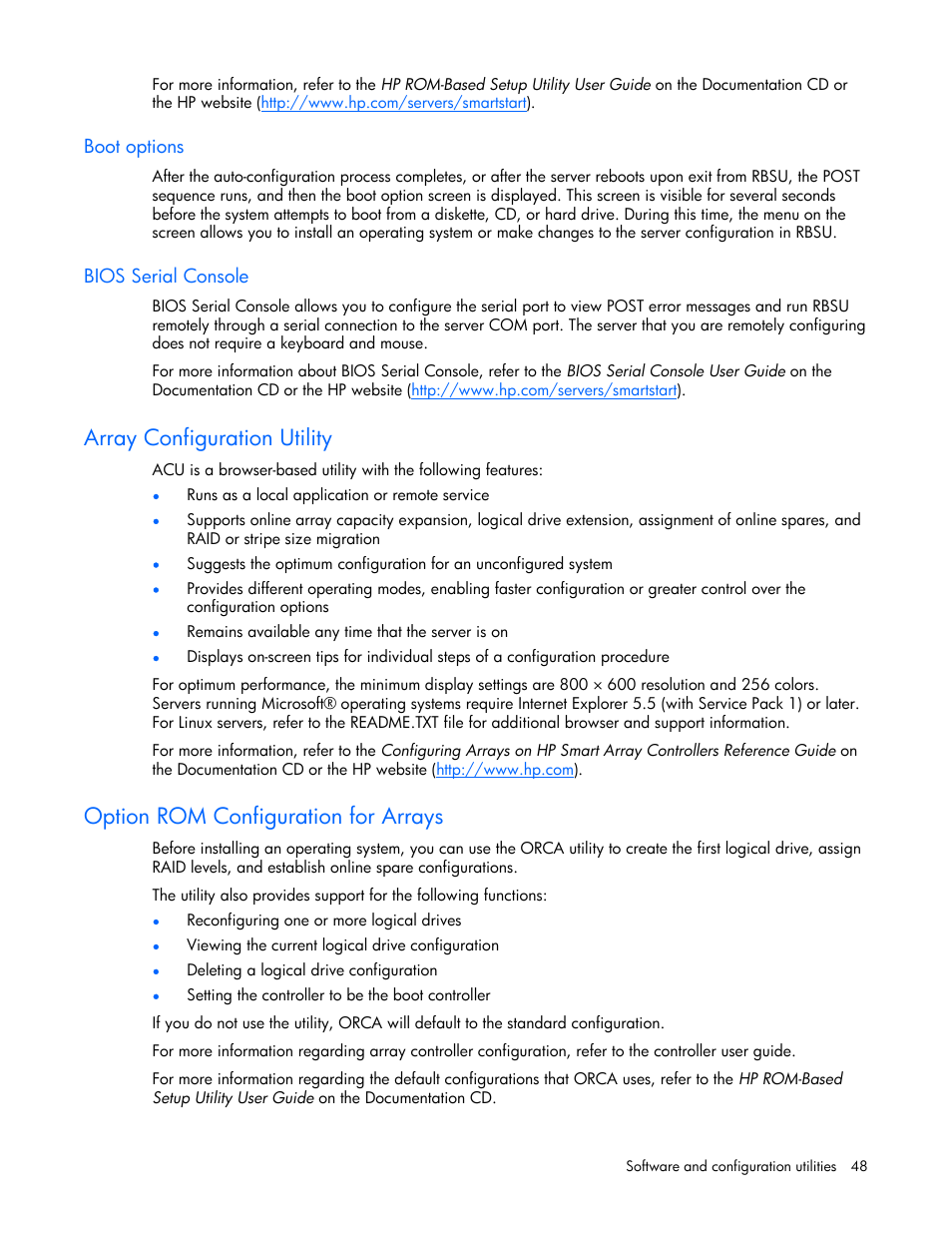 Boot options, Bios serial console, Array configuration utility | Option rom configuration for arrays | HP ProLiant BL685c Server-Blade User Manual | Page 48 / 93