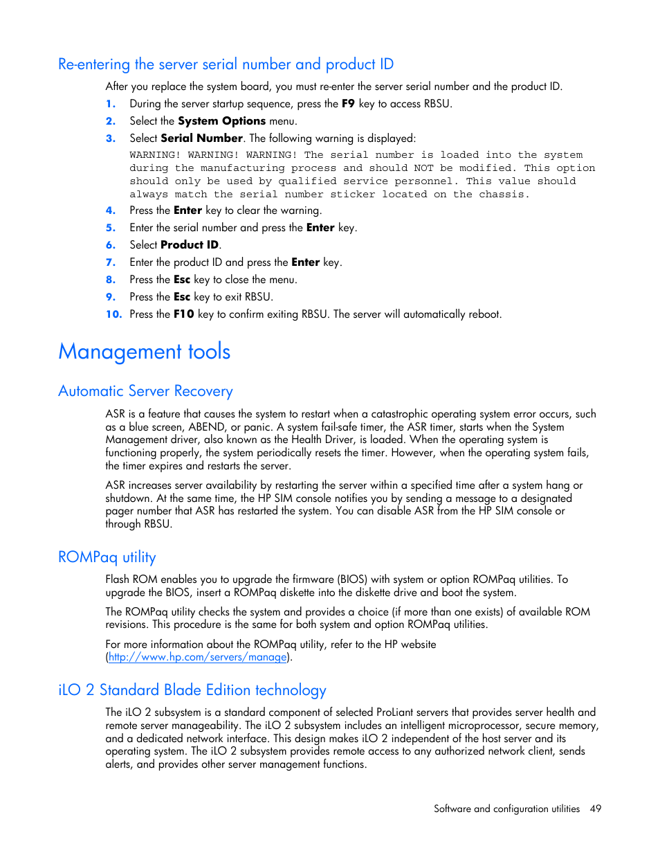 Management tools, Automatic server recovery, Rompaq utility | Ilo 2 standard blade edition technology | HP ProLiant BL685c Server-Blade User Manual | Page 49 / 93