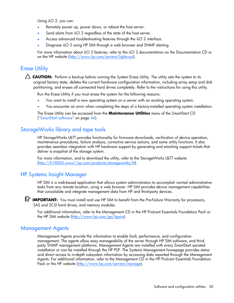 Erase utility, Storageworks library and tape tools, Hp systems insight manager | Management agents | HP ProLiant BL685c Server-Blade User Manual | Page 50 / 93