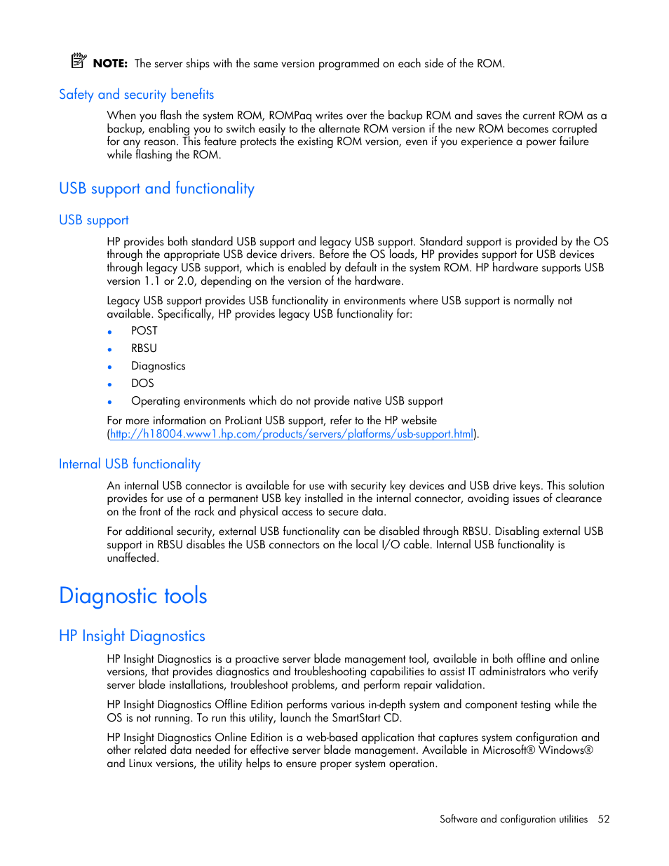 Safety and security benefits, Usb support and functionality, Usb support | Internal usb functionality, Diagnostic tools, Hp insight diagnostics | HP ProLiant BL685c Server-Blade User Manual | Page 52 / 93