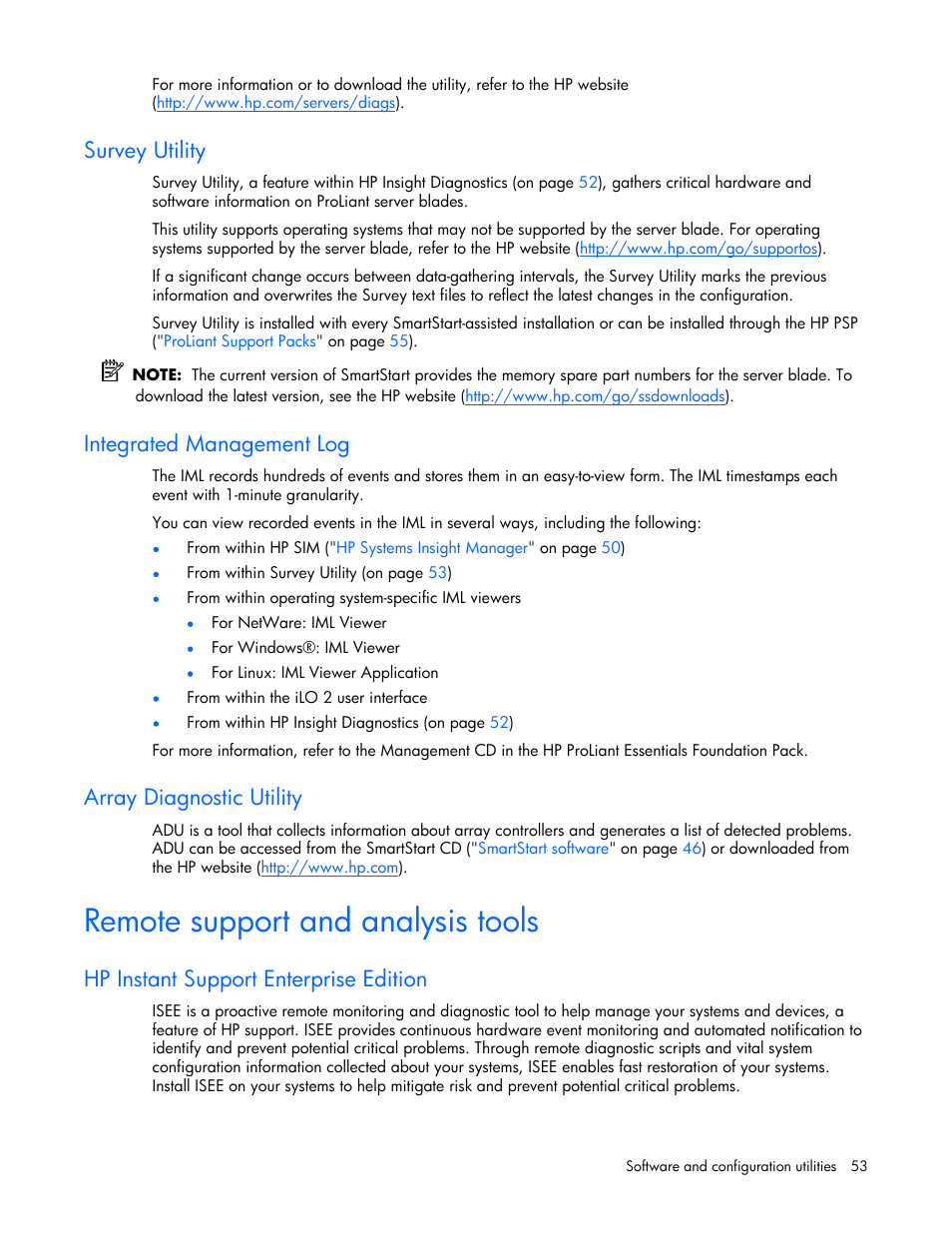 Survey utility, Integrated management log, Array diagnostic utility | Remote support and analysis tools, Hp instant support enterprise edition | HP ProLiant BL685c Server-Blade User Manual | Page 53 / 93