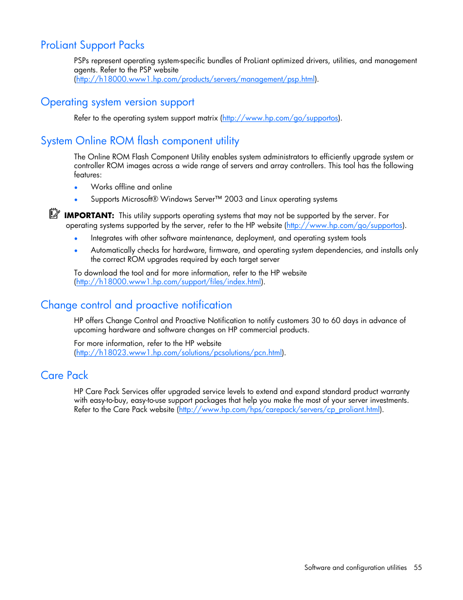 Proliant support packs, Operating system version support, System online rom flash component utility | Change control and proactive notification, Care pack | HP ProLiant BL685c Server-Blade User Manual | Page 55 / 93