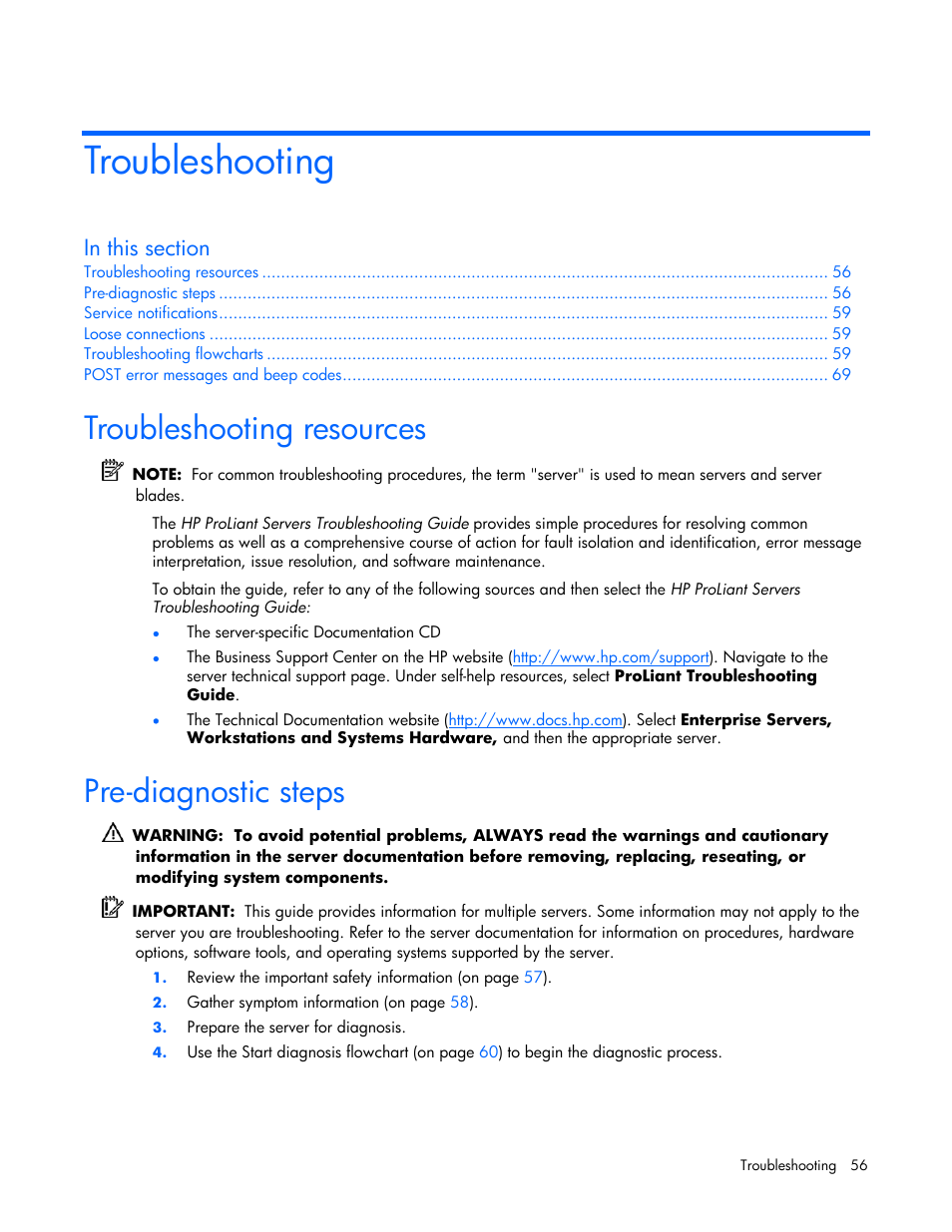 Troubleshooting, Troubleshooting resources, Pre-diagnostic steps | HP ProLiant BL685c Server-Blade User Manual | Page 56 / 93