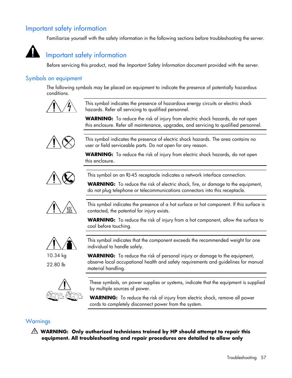 Important safety information, Symbols on equipment, Warnings | HP ProLiant BL685c Server-Blade User Manual | Page 57 / 93