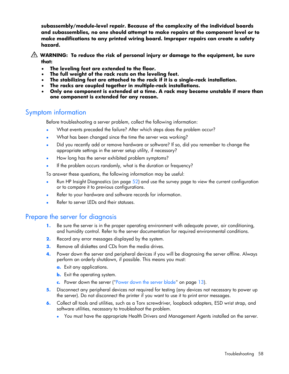 Symptom information, Prepare the server for diagnosis | HP ProLiant BL685c Server-Blade User Manual | Page 58 / 93