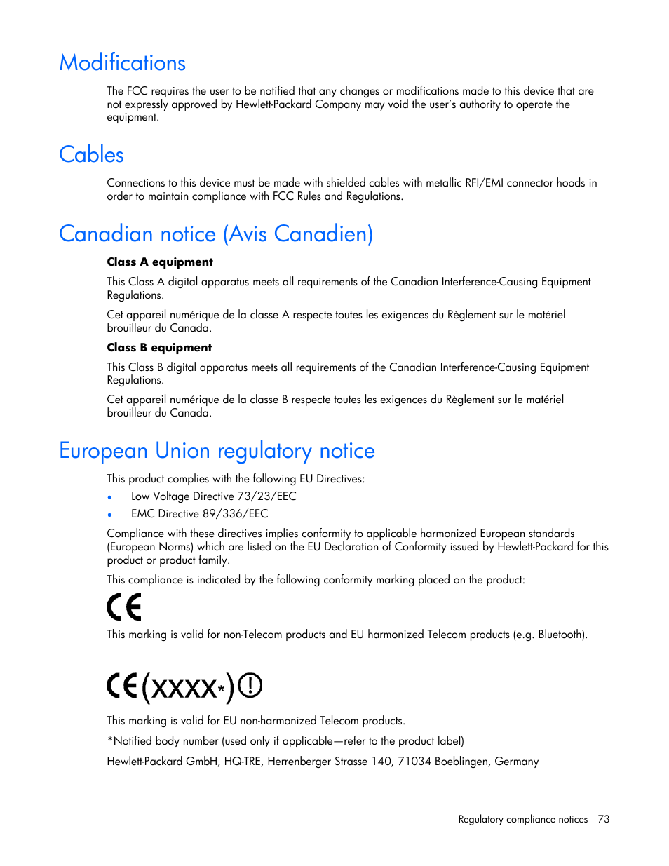 Modifications, Cables, Canadian notice (avis canadien) | European union regulatory notice, 73 european union regulatory notice | HP ProLiant BL685c Server-Blade User Manual | Page 73 / 93