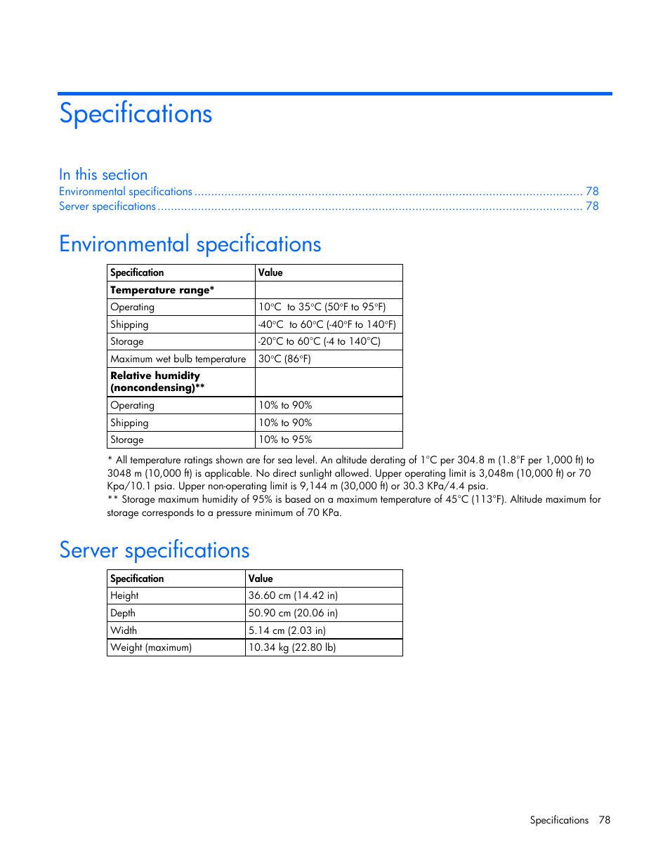 Specifications, Environmental specifications, Server specifications | HP ProLiant BL685c Server-Blade User Manual | Page 78 / 93