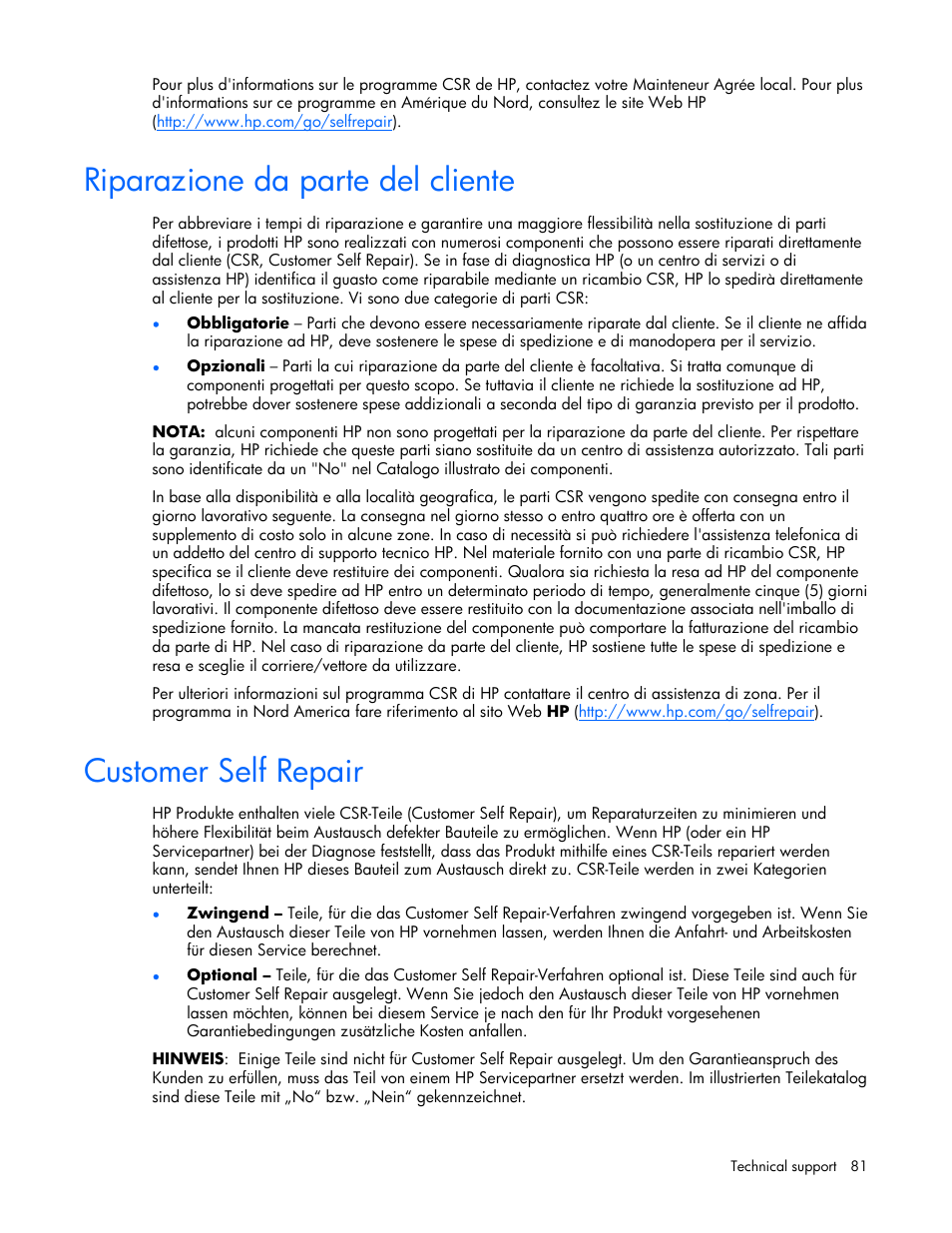 Riparazione da parte del cliente, Customer self repair | HP ProLiant BL685c Server-Blade User Manual | Page 81 / 93