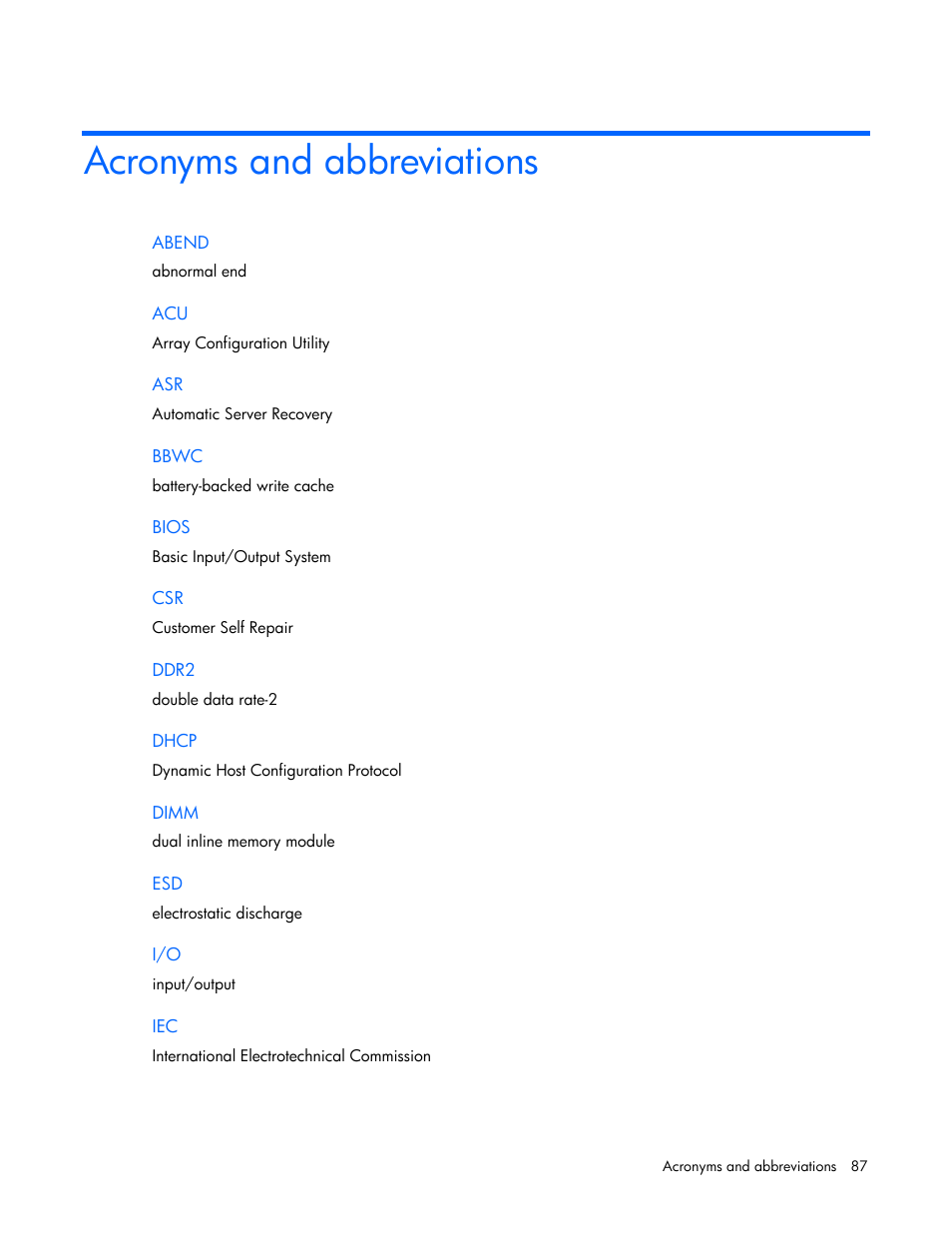 Acronyms and abbreviations | HP ProLiant BL685c Server-Blade User Manual | Page 87 / 93