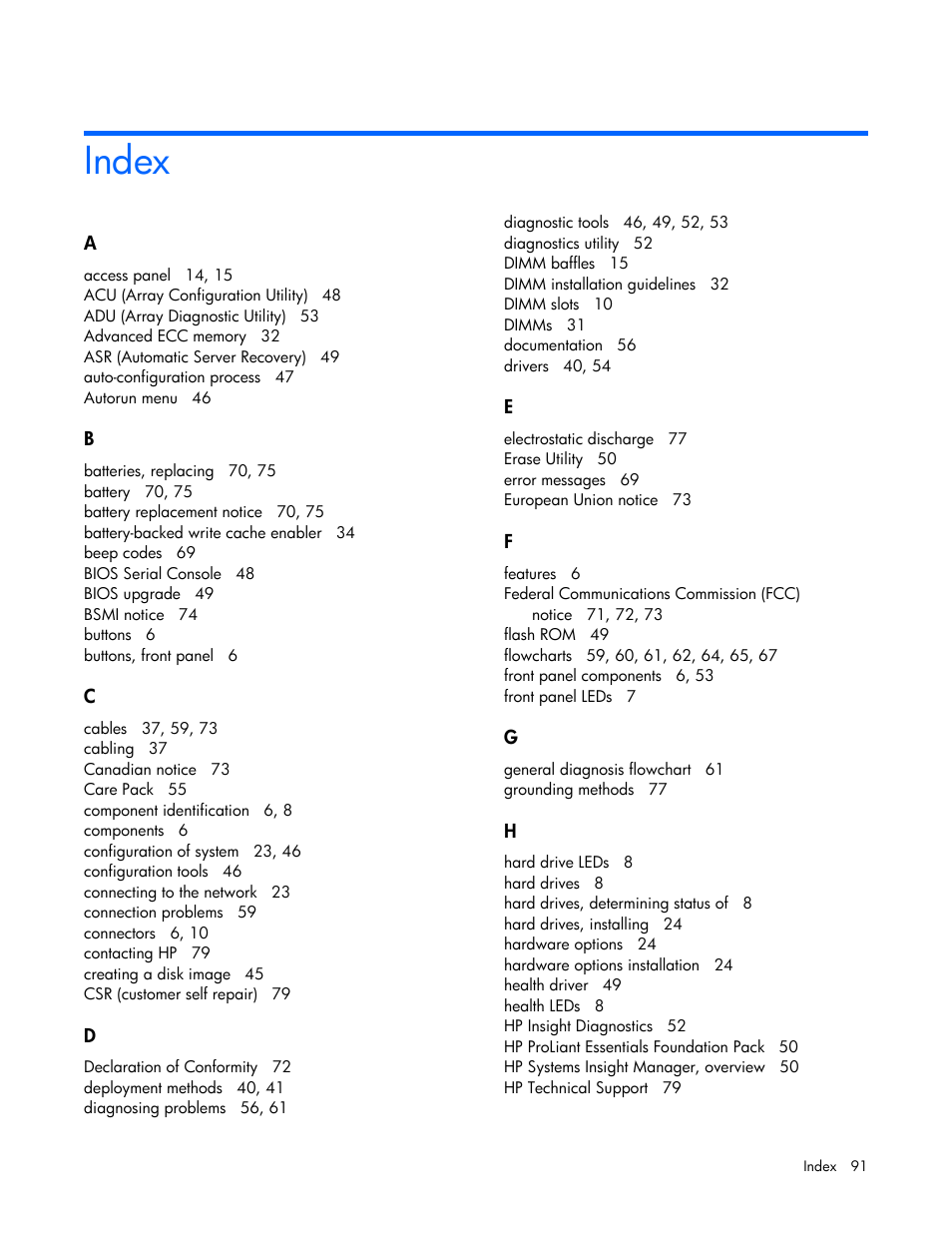 Index | HP ProLiant BL685c Server-Blade User Manual | Page 91 / 93