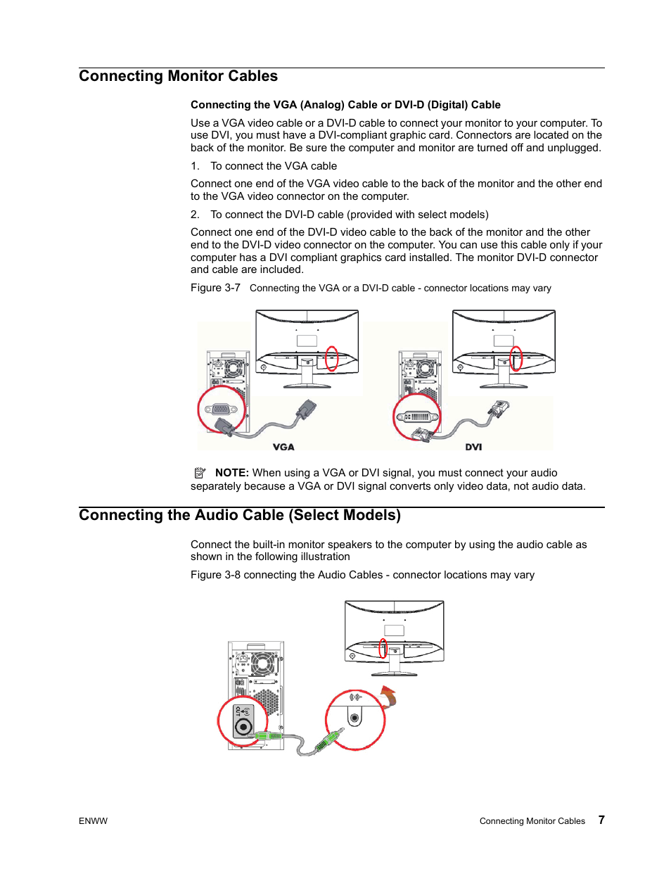 Connecting monitor cables, Connecting the audio cable (select models) | HP Compaq S1922 18.5-inch Widescreen LCD Monitor User Manual | Page 13 / 37