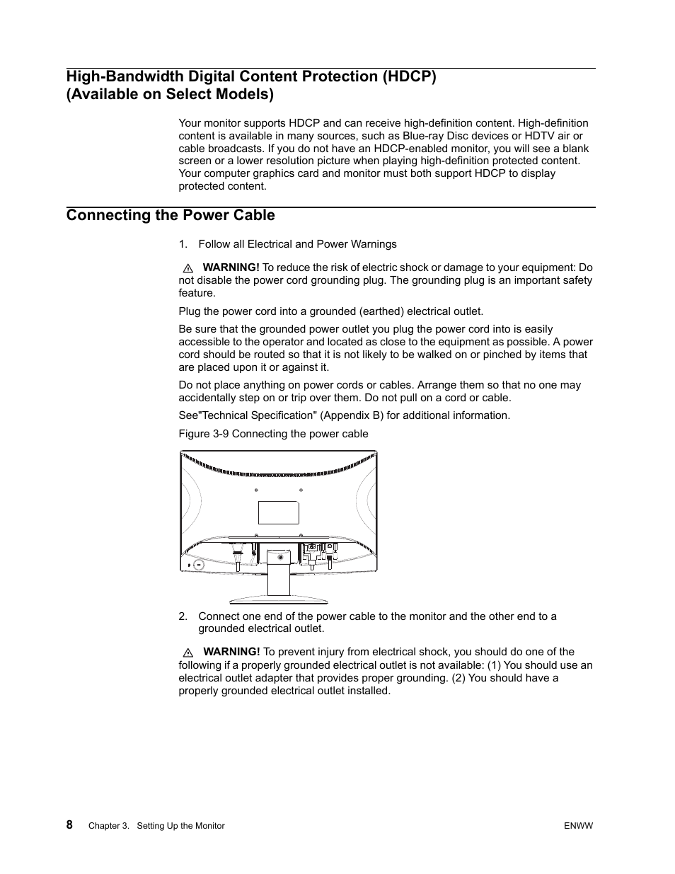Connecting the power cable, High-bandwidth digital content protection (hdcp), Available on select models) | HP Compaq S1922 18.5-inch Widescreen LCD Monitor User Manual | Page 14 / 37