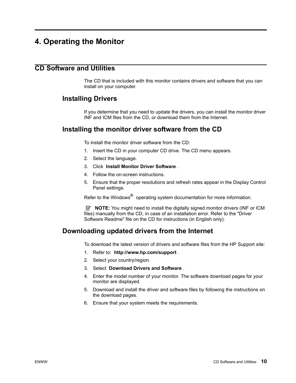 Operating the monitor, Cd software and utilities, Installing drivers | Installing the monitor driver software from the cd, Downloading updated drivers from the internet | HP Compaq S1922 18.5-inch Widescreen LCD Monitor User Manual | Page 16 / 37