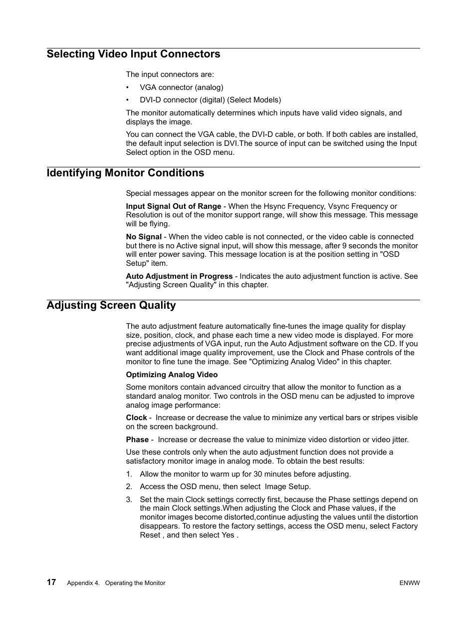 Selecting video input connectors, Identifying monitor conditions, Adjusting screen quality | HP Compaq S1922 18.5-inch Widescreen LCD Monitor User Manual | Page 23 / 37