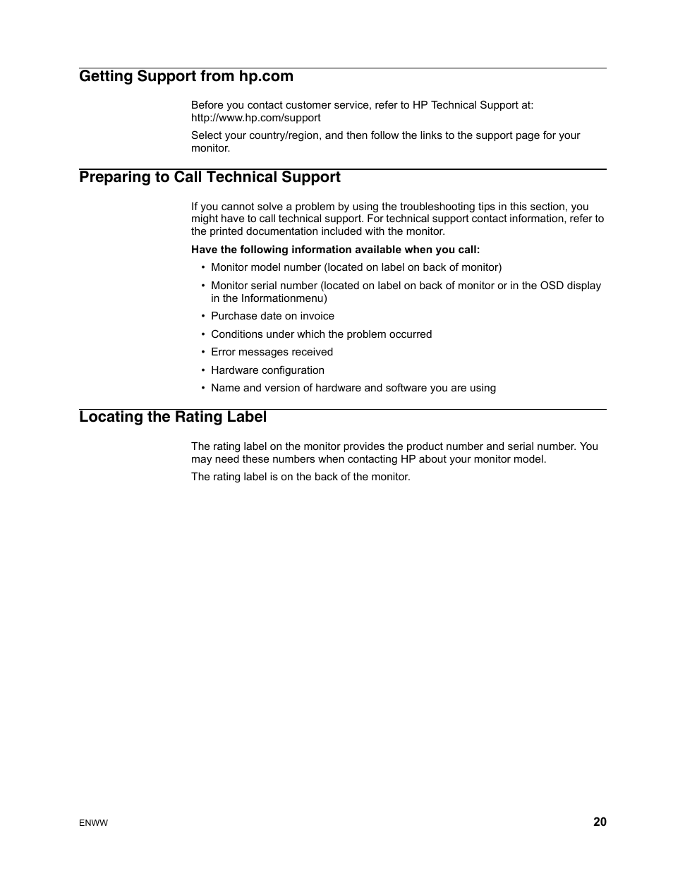 Getting support from hp.com, Preparing to call technical support, Locating the rating label | HP Compaq S1922 18.5-inch Widescreen LCD Monitor User Manual | Page 26 / 37