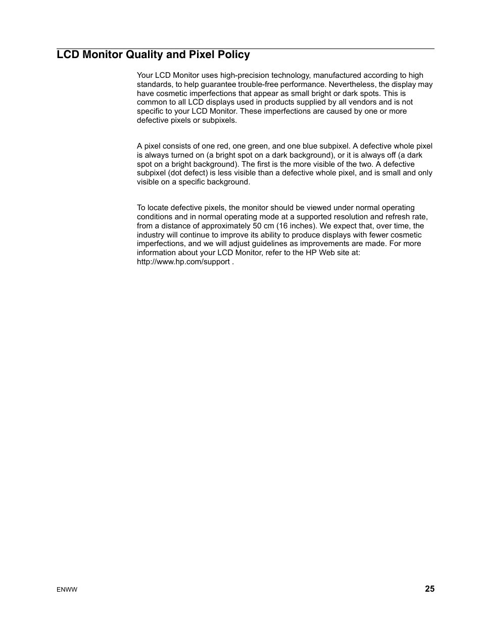 Lcd monitor quality and pixel policy | HP Compaq S1922 18.5-inch Widescreen LCD Monitor User Manual | Page 31 / 37